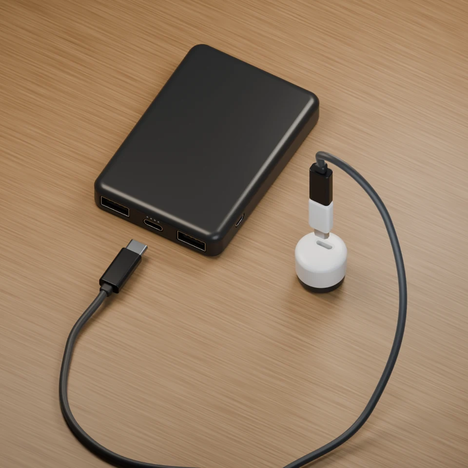 The loose sensor sits beside the power bank. Connect the black end to the center USB-C port on the power bank, and the white end directly to the sensor charging port.