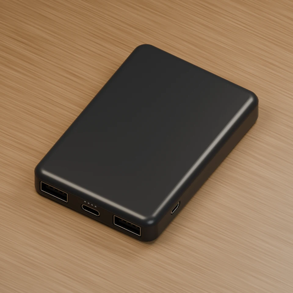 Power bank ports: center USB-C with the black cable end charges the sensor. Side Micro USB with the white cable end recharges the power bank.